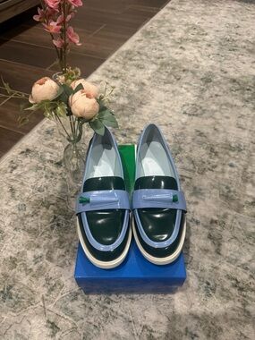 Two-Tone Patent Leather Loafers in Dark Green & Periwinkle